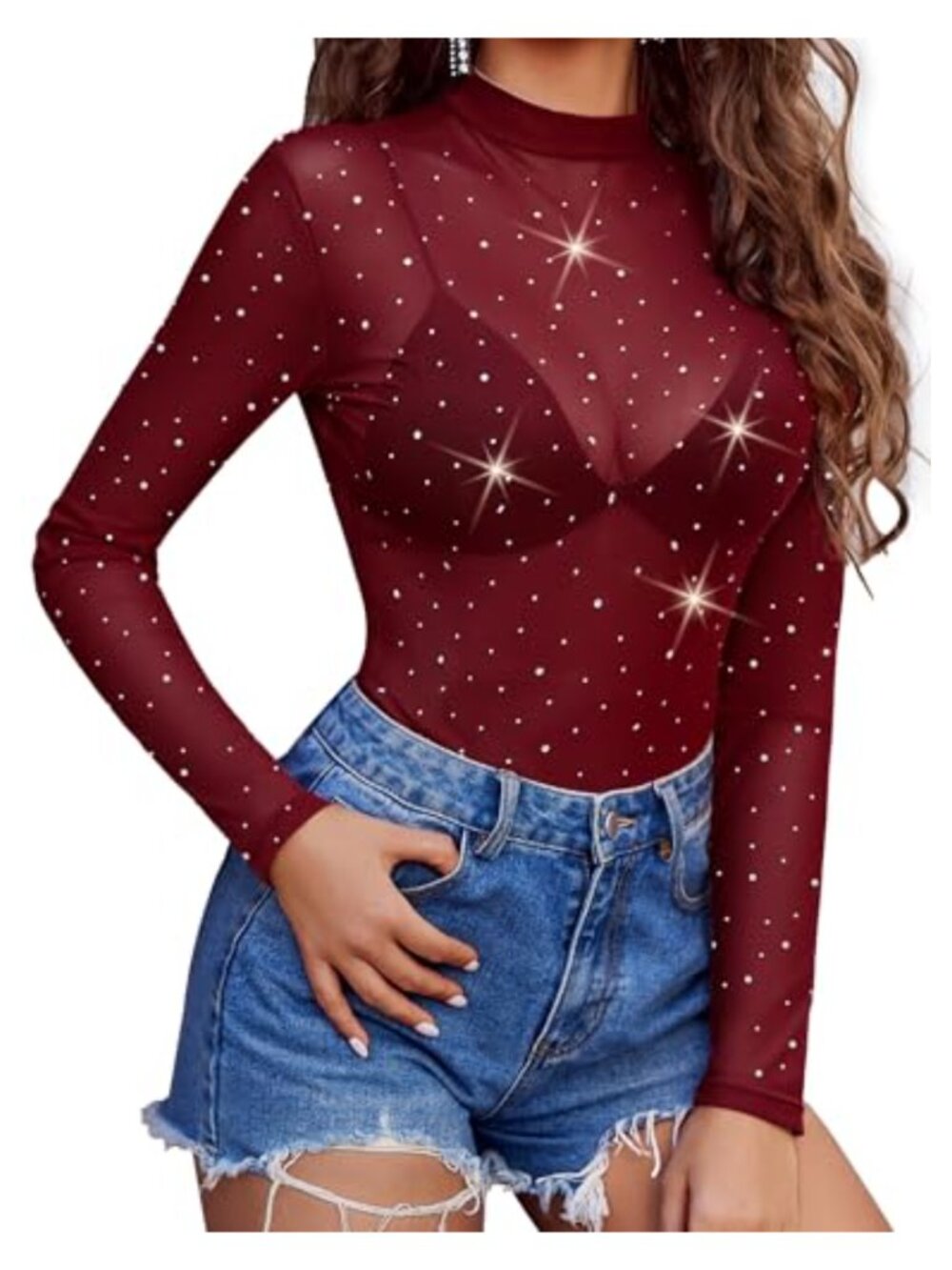 Mesh Rhinestone Sheer Long Sleeve Mock Neck Top